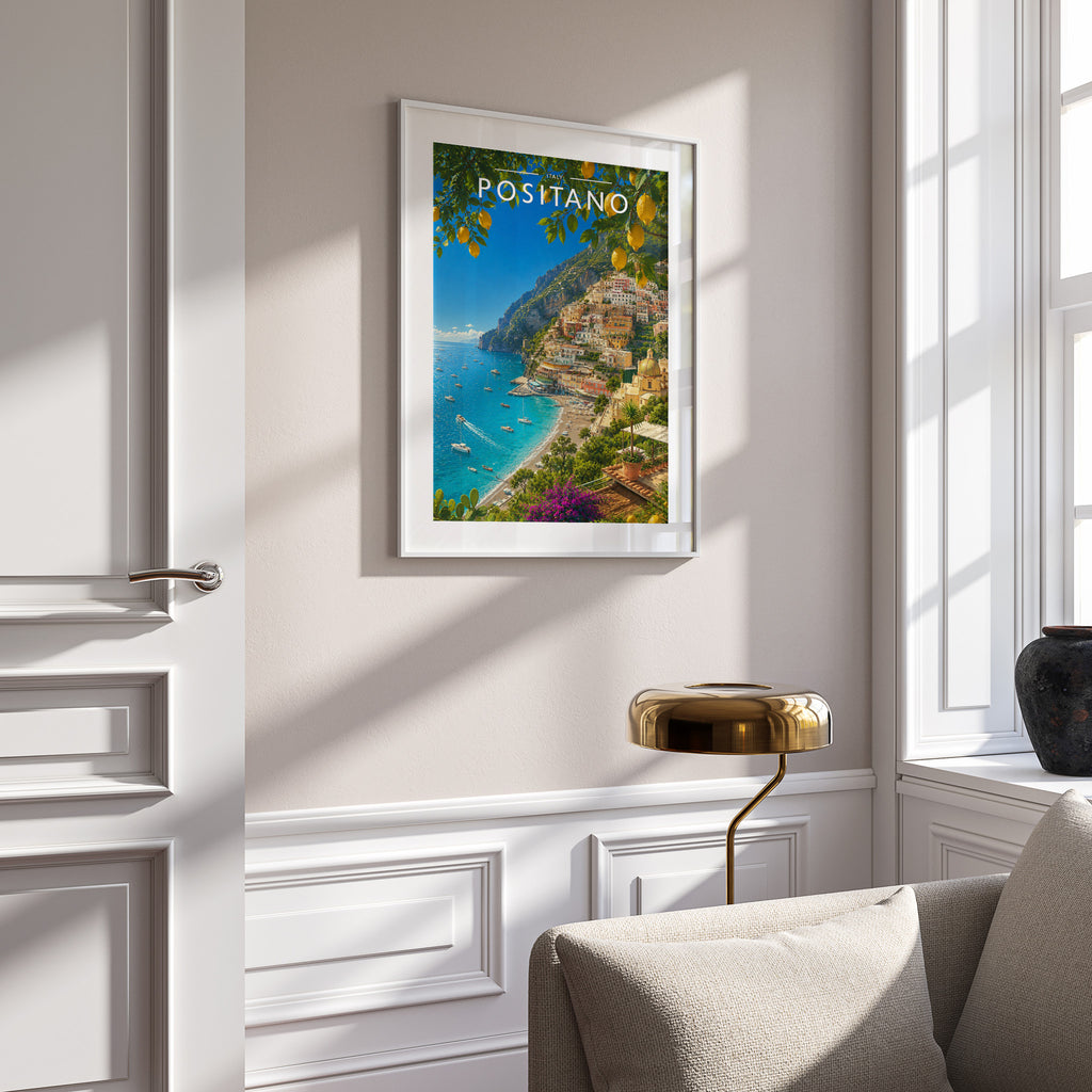 Positano #3 Travel Poster in a white frame on a panelled wall