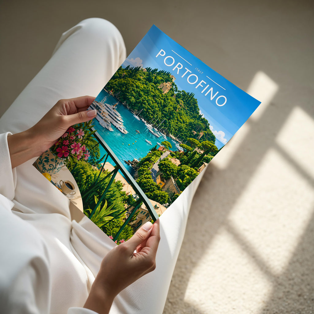 Portofino #2 Travel Poster - A4 print held in hand