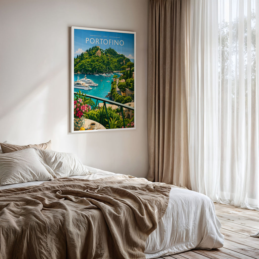 Portofino #2 Travel Poster framed on a bedroom wall