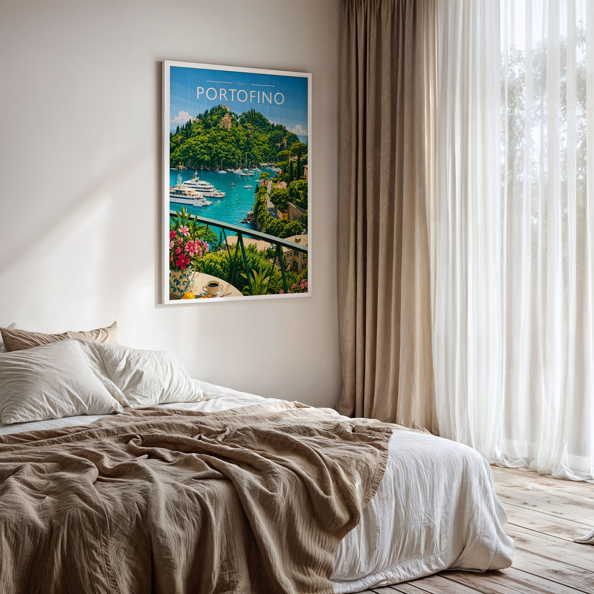 Portofino #2 Travel Poster framed on a bedroom wall