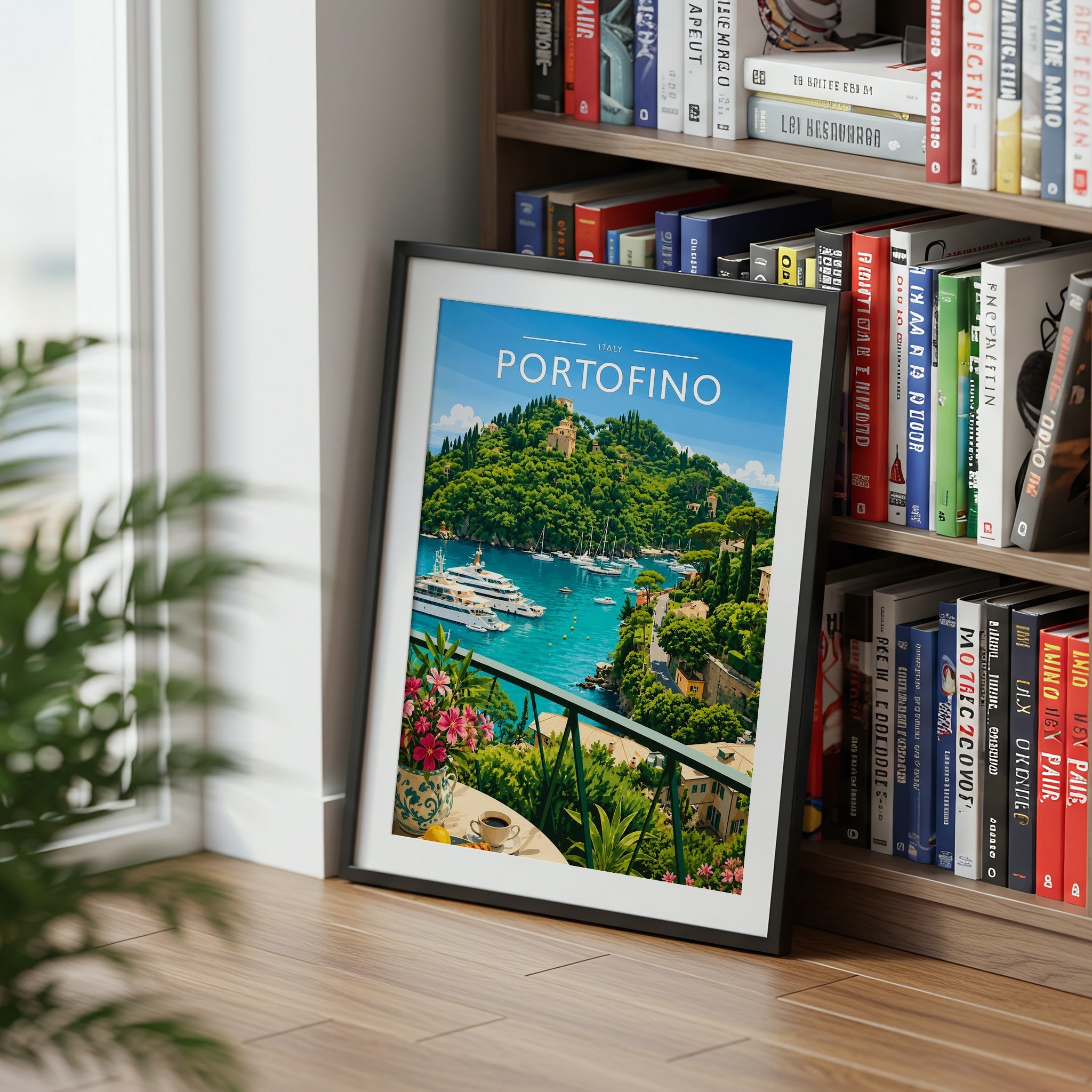Portofino #2 Travel Poster mounted in a black frame