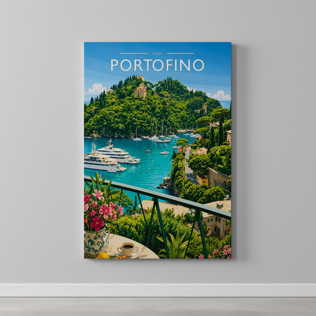 Portofino #2 Travel Poster as a gallery-wrapped canvas on a plain wall