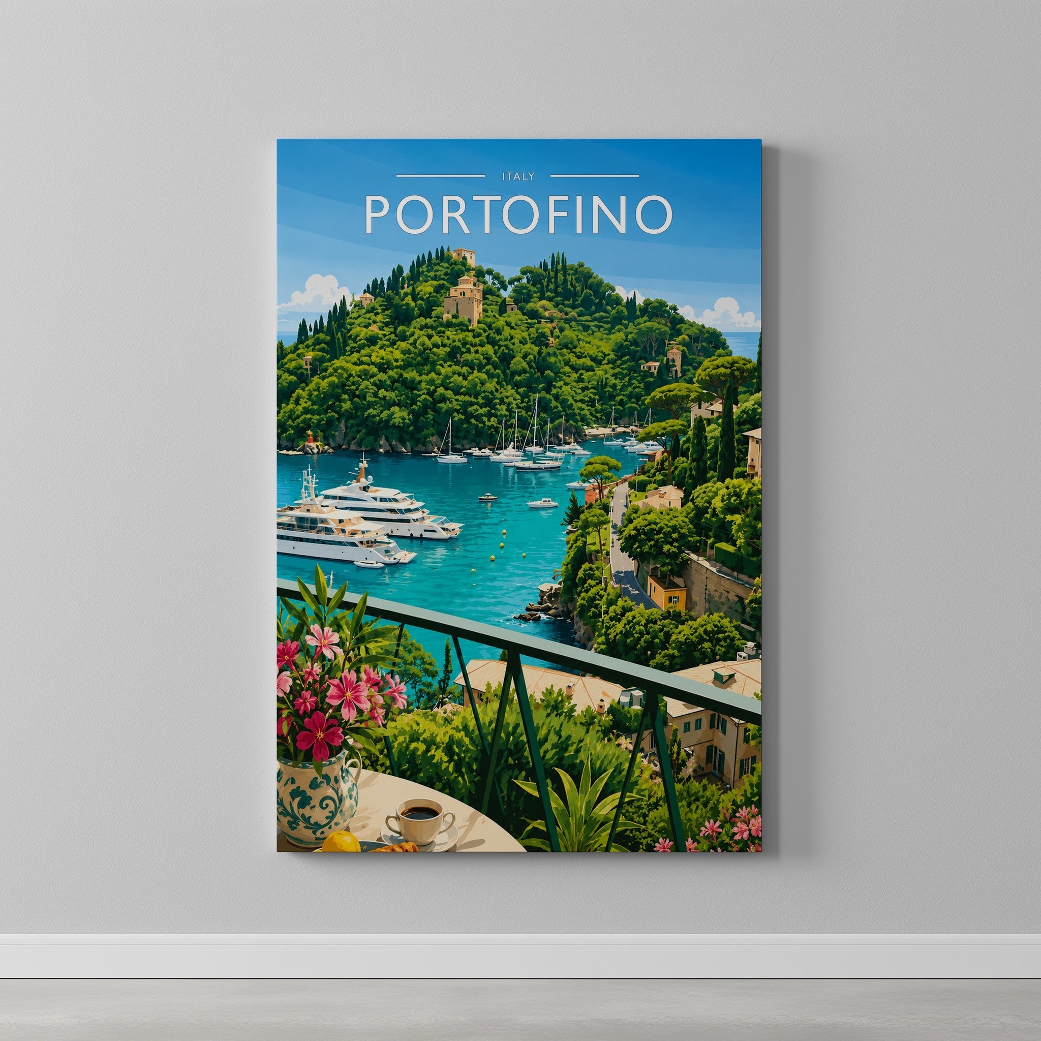 Portofino #2 Travel Poster as a gallery-wrapped canvas on a plain wall