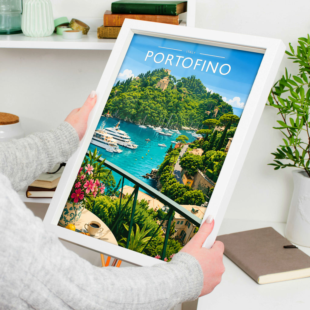 Portofino #2 Travel Poster in a white frame, held to show scale