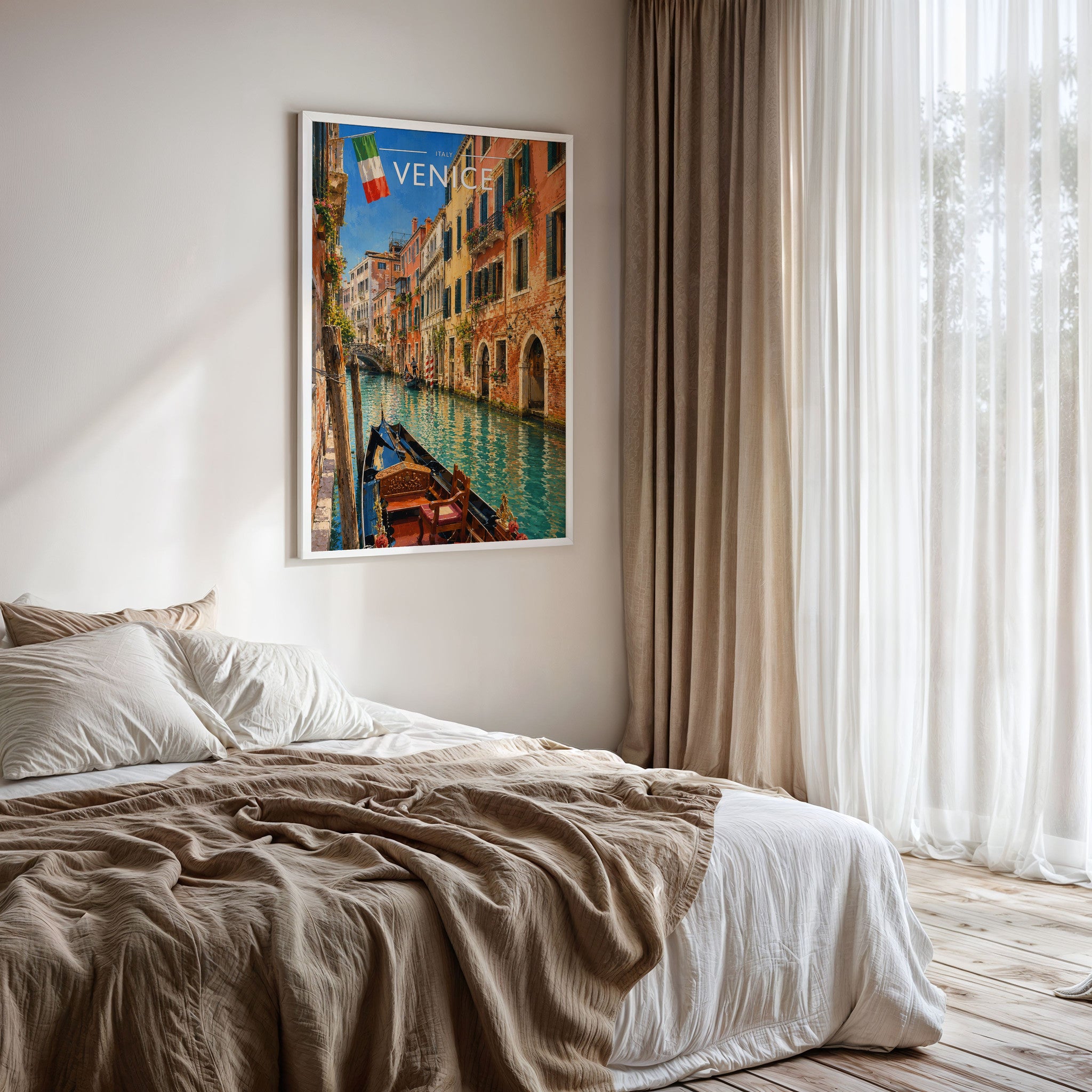 Venice #2 Travel Poster framed on a bedroom wall