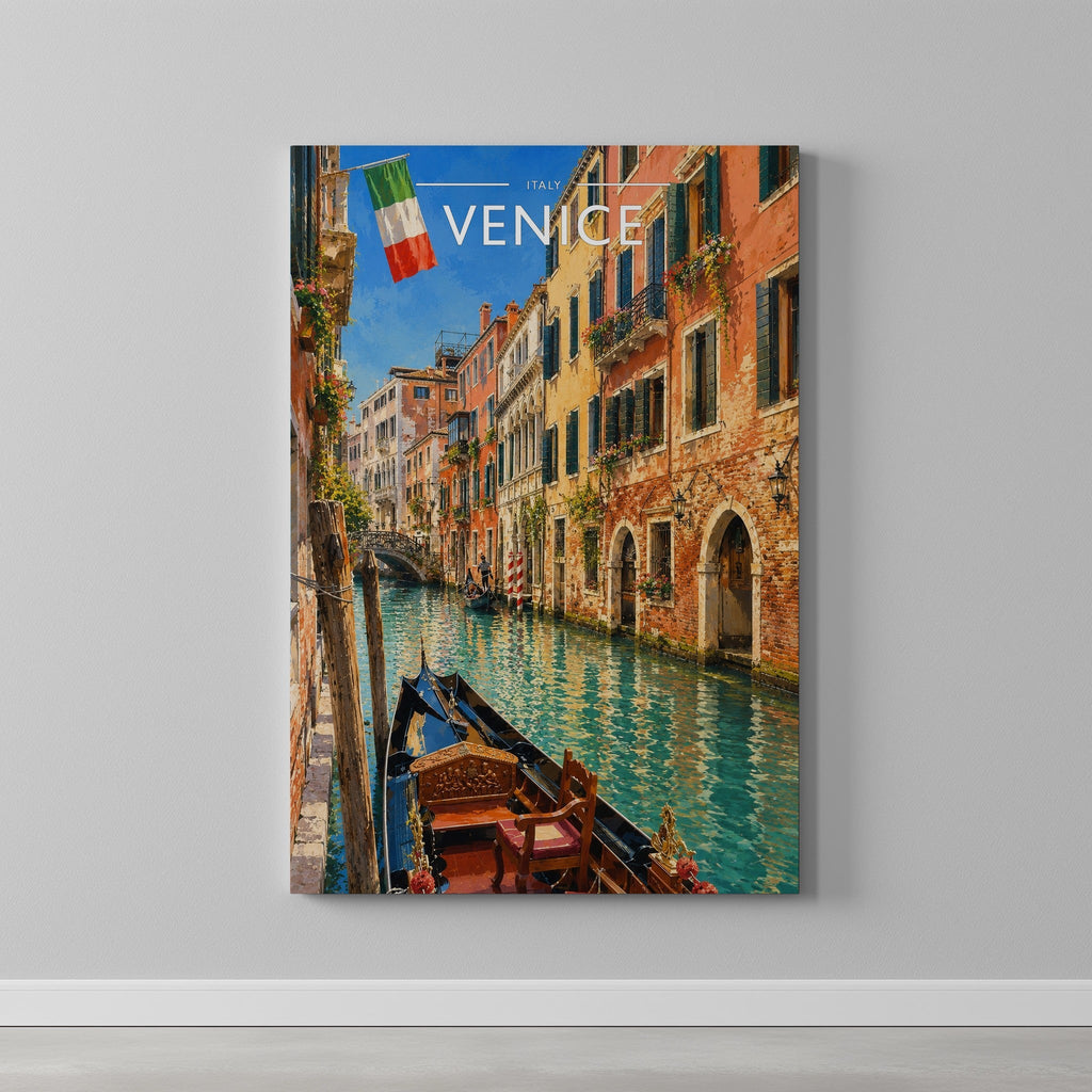 Venice #2 Travel Poster as a gallery-wrapped canvas on a plain wall