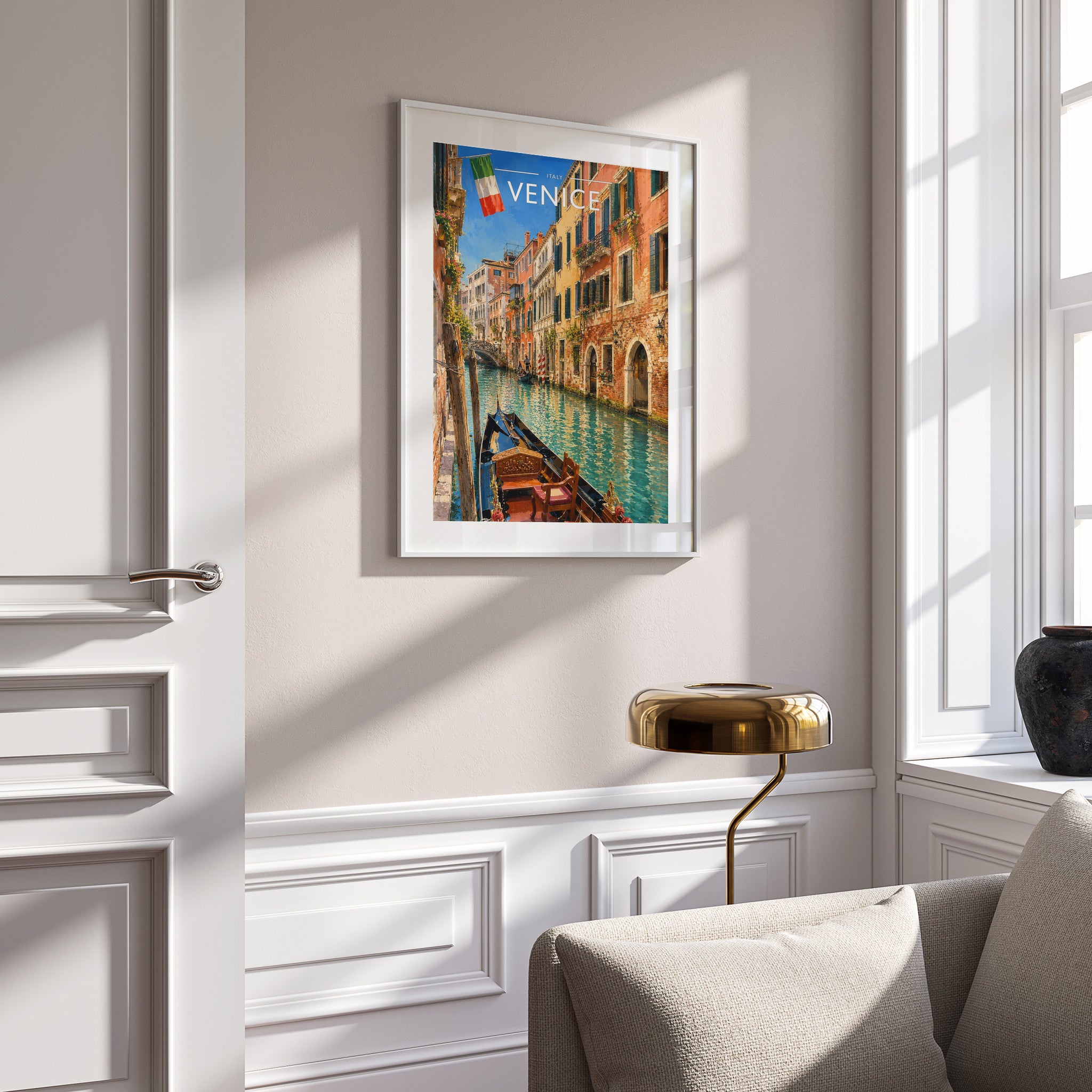 Venice #2 Travel Poster in a white frame on a panelled wall