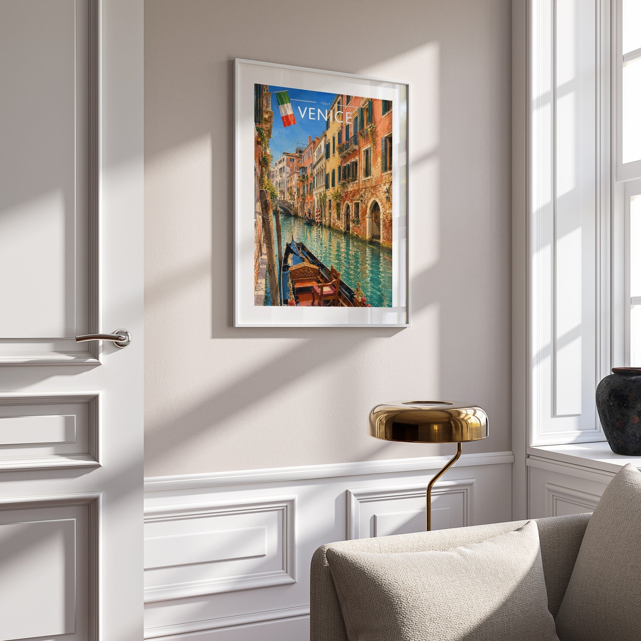 Venice #2 Travel Poster mounted in a white frame