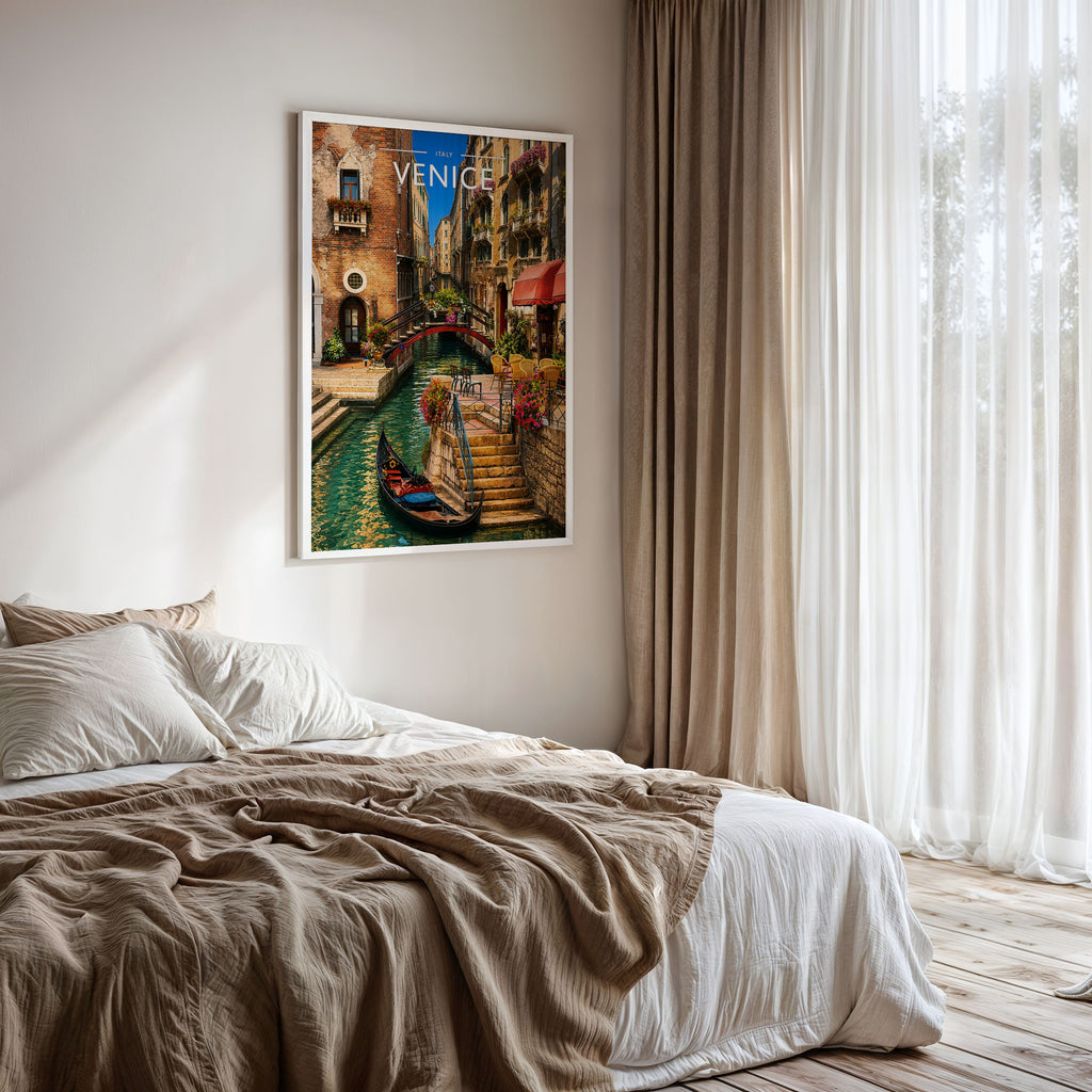 Venice #3 Travel Poster framed on a bedroom wall