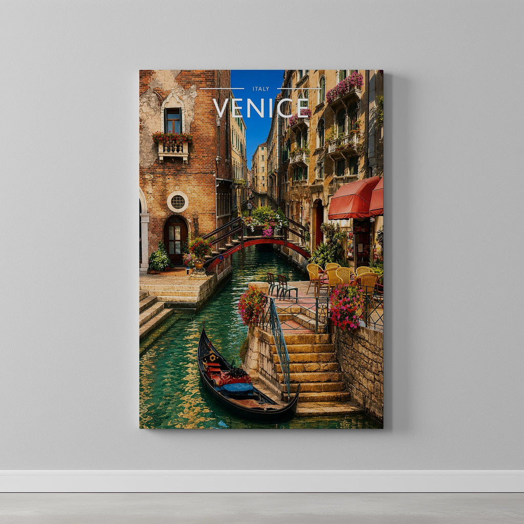 Venice #3 Travel Poster as a gallery-wrapped canvas on a plain wall