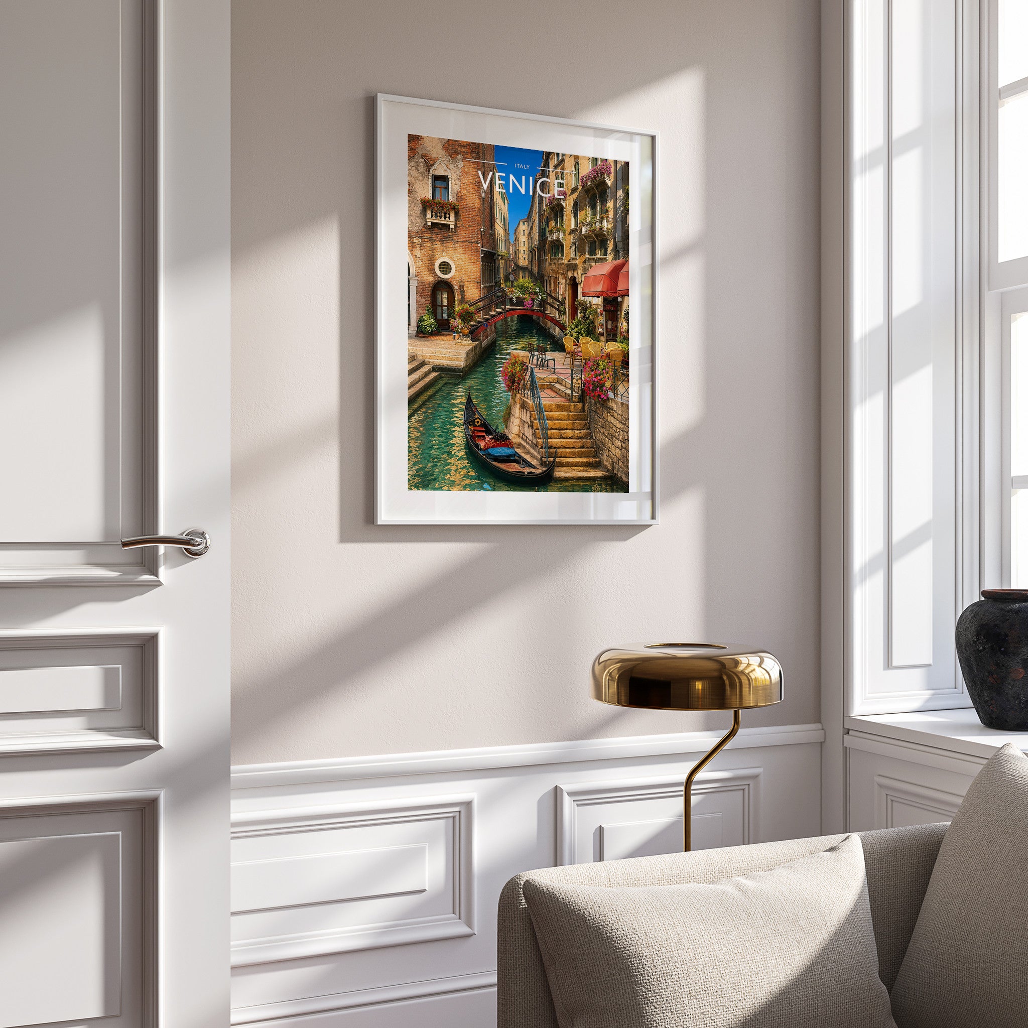 Venice #3 Travel Poster in a white frame on a panelled wall