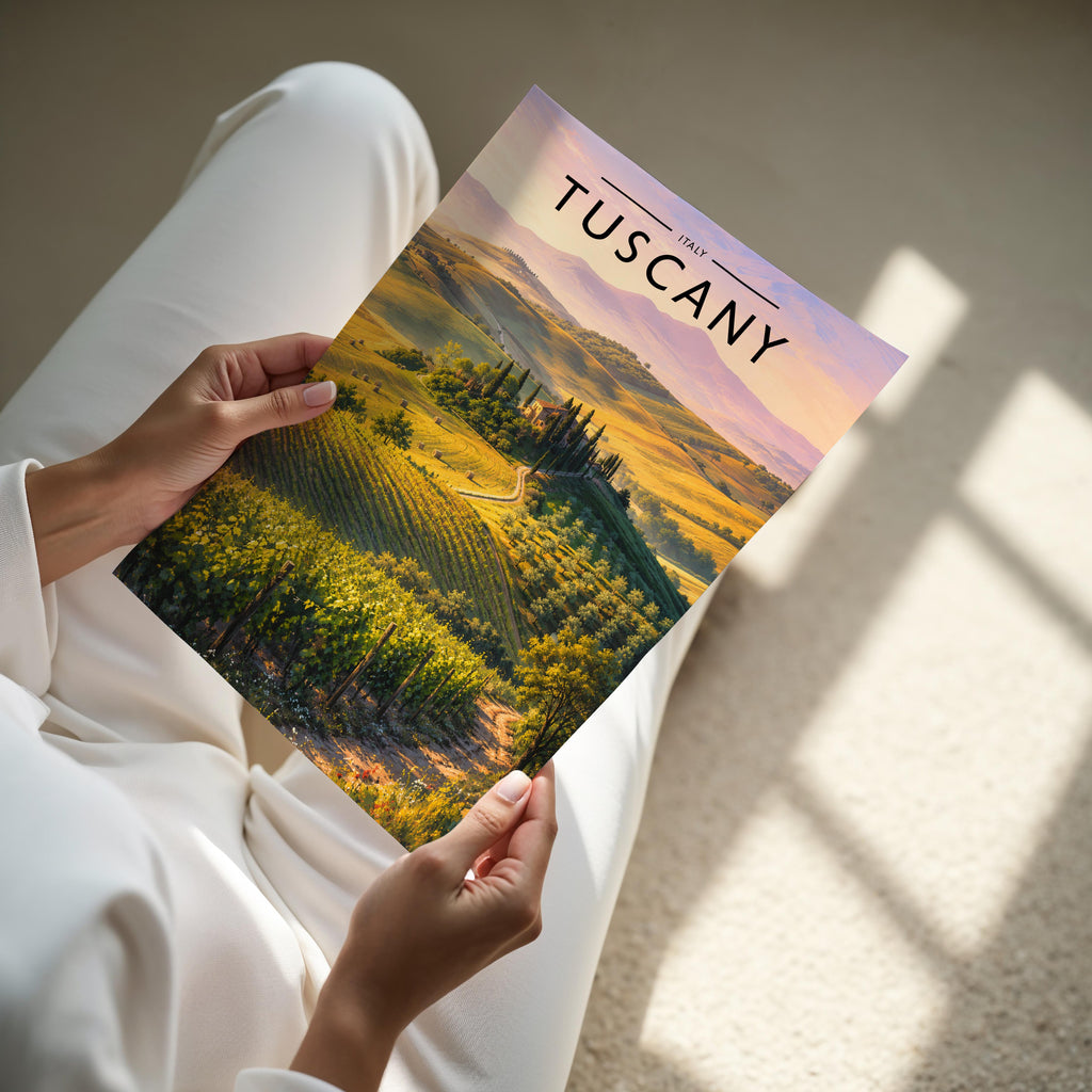 Tuscany Travel Poster - A4 print held in hand