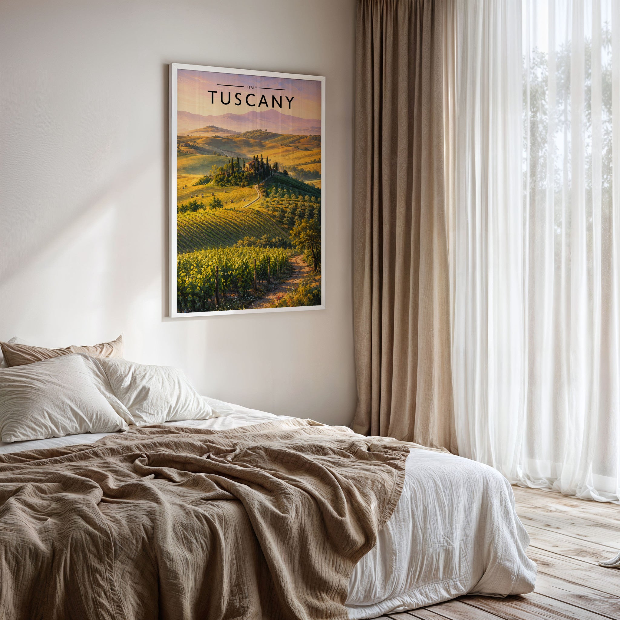 Tuscany Travel Poster framed on a bedroom wall