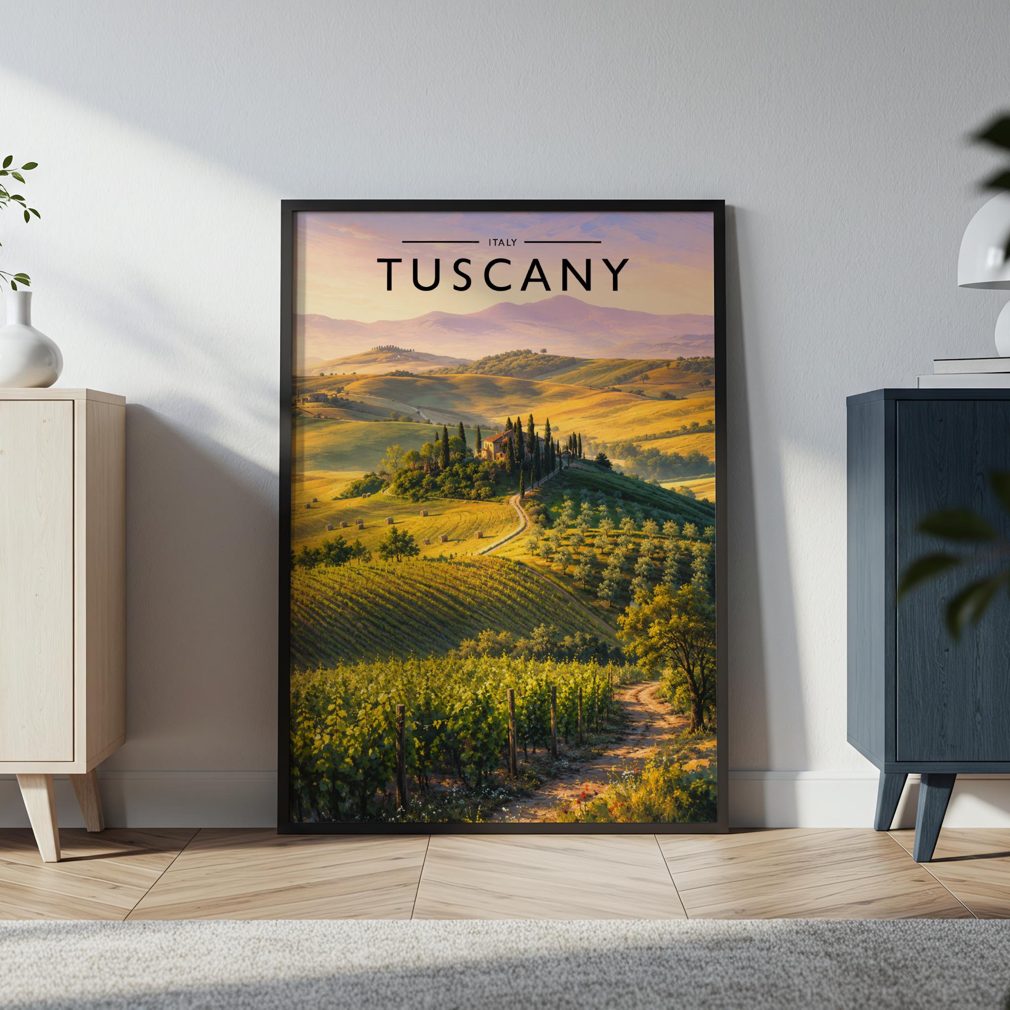 Tuscany Travel Poster in a black frame