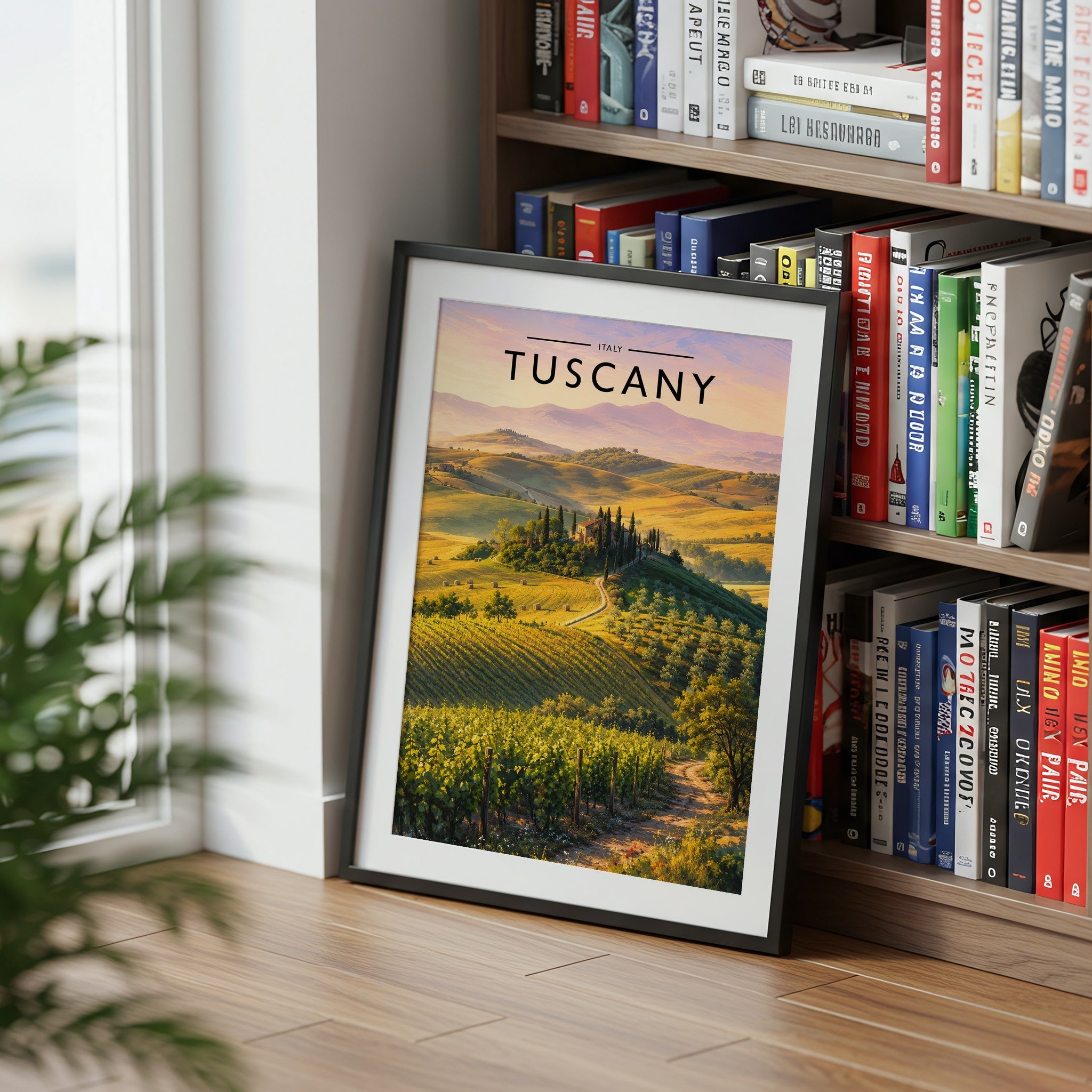 Tuscany Travel Poster mounted in a black frame