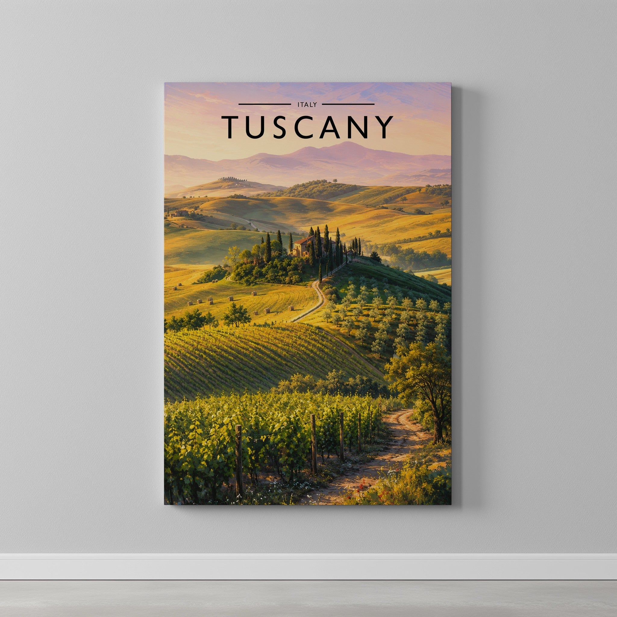 Tuscany Travel Poster as a gallery-wrapped canvas on a plain wall
