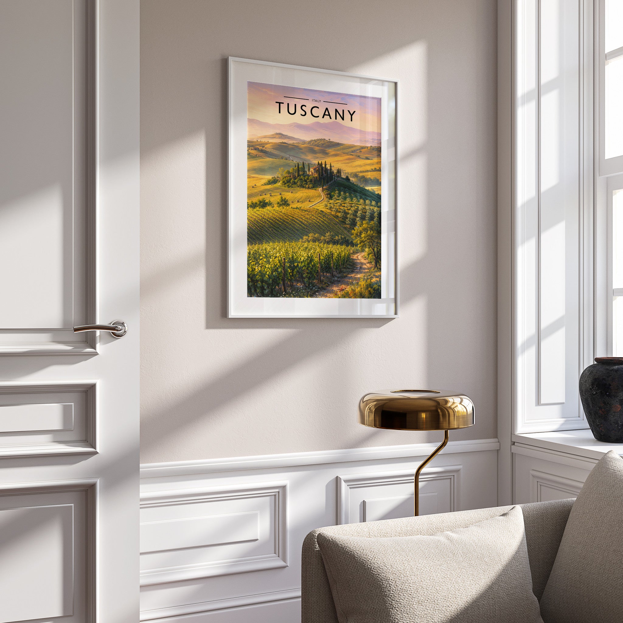 Tuscany Travel Poster in a white frame on a panelled wall