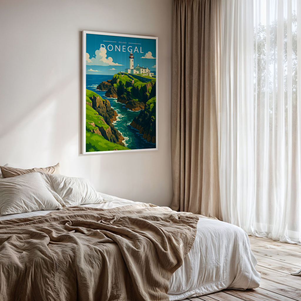 Donegal Travel Poster framed on a bedroom wall
