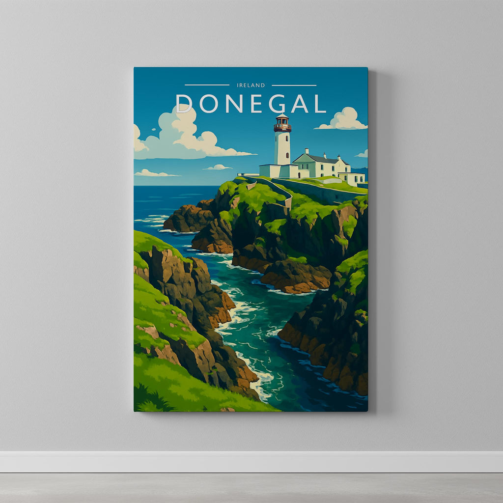 Donegal Travel Poster as a gallery-wrapped canvas on a plain wall