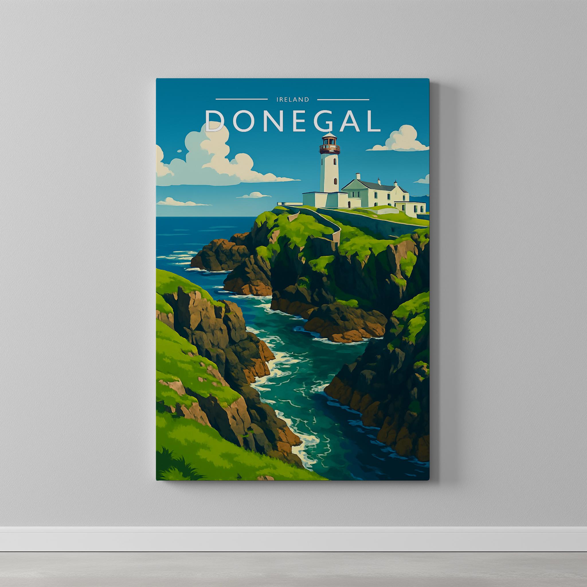 Donegal Travel Poster as a gallery-wrapped canvas on a plain wall