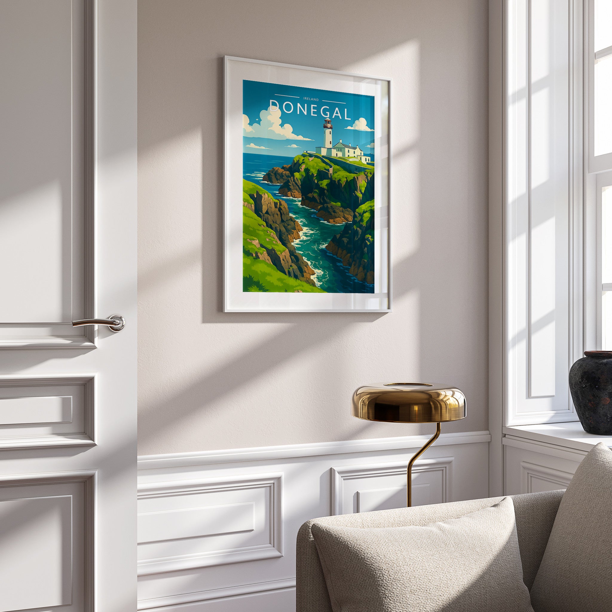 Donegal Travel Poster in a white frame on a panelled wall
