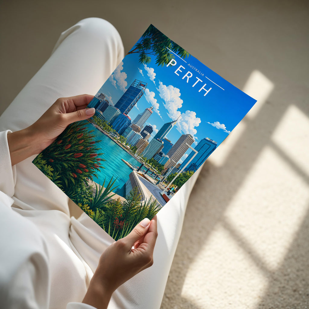 Perth Travel Poster - A4 print held in hand