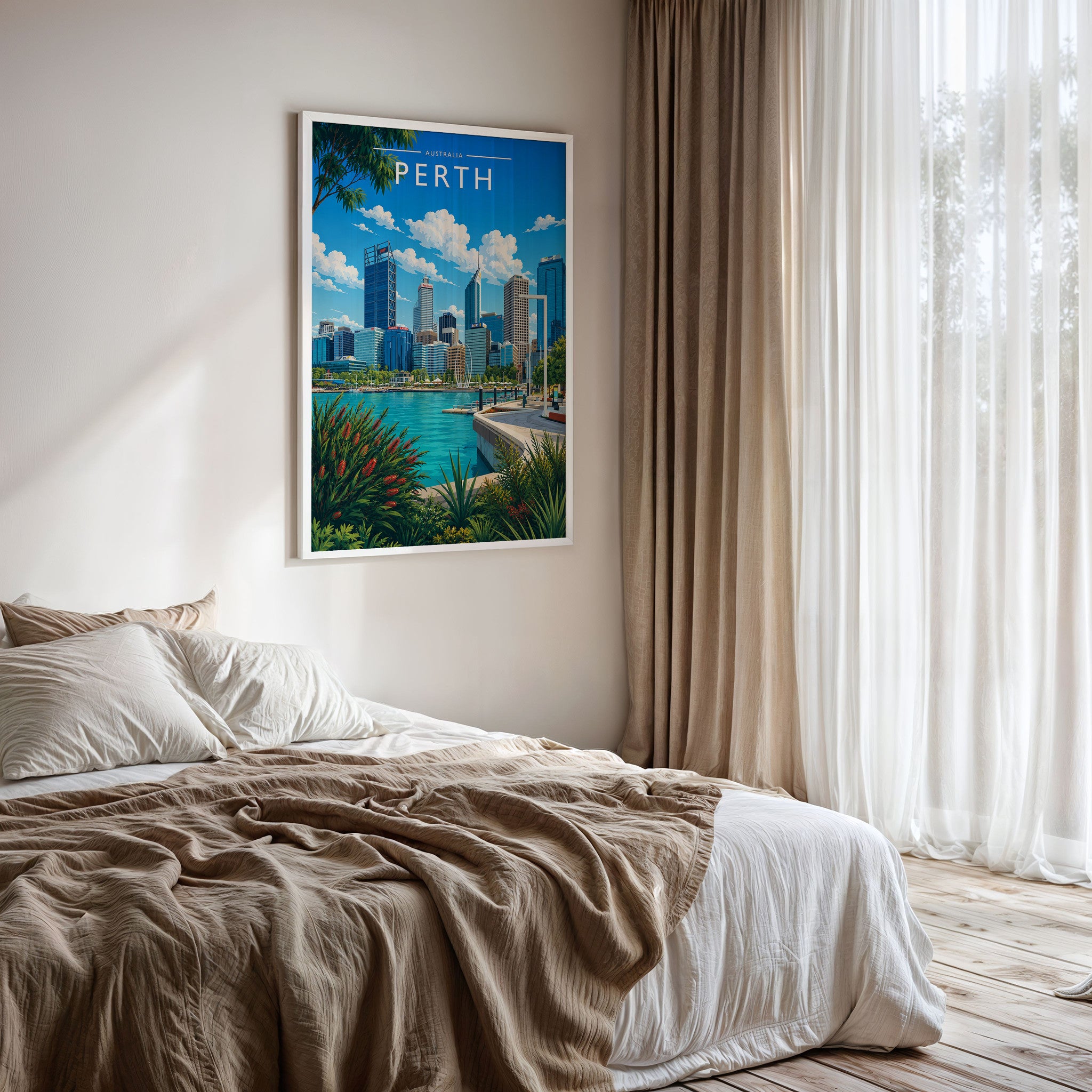 Perth Travel Poster framed on a bedroom wall