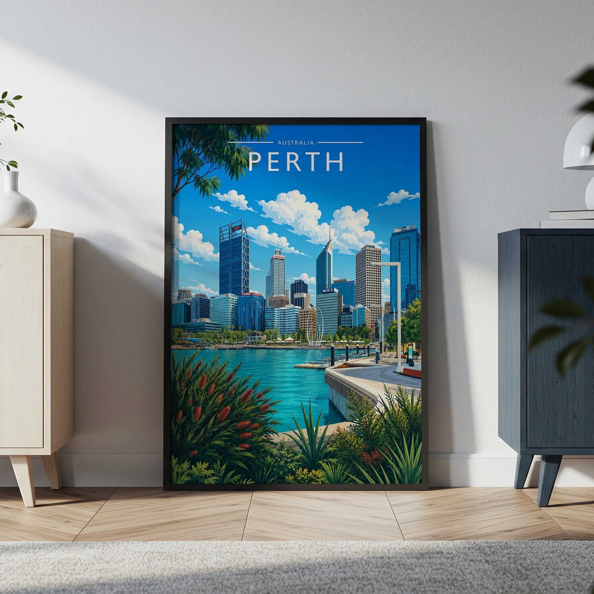 Perth Travel Poster in a black frame