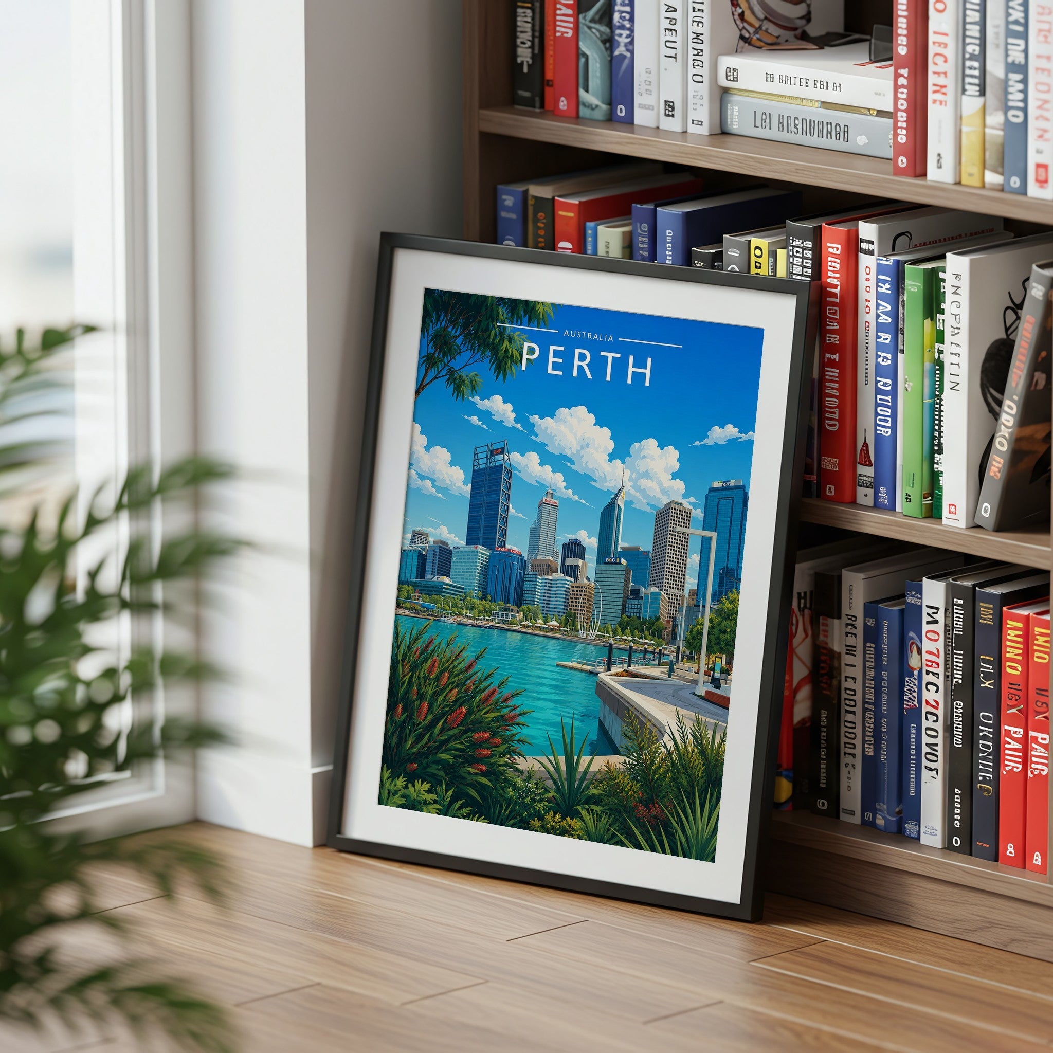 Perth Travel Poster mounted in a black frame