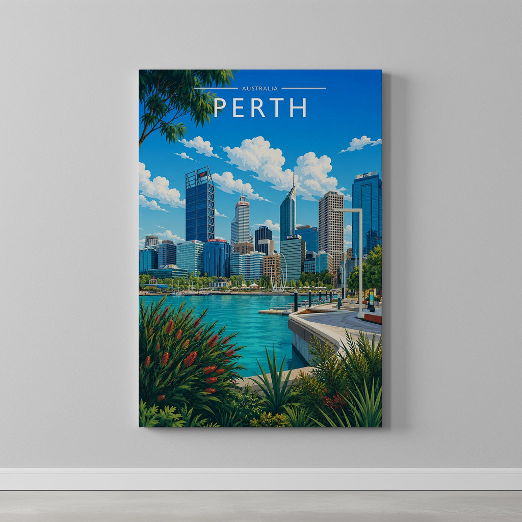 Perth Travel Poster as a gallery-wrapped canvas on a plain wall