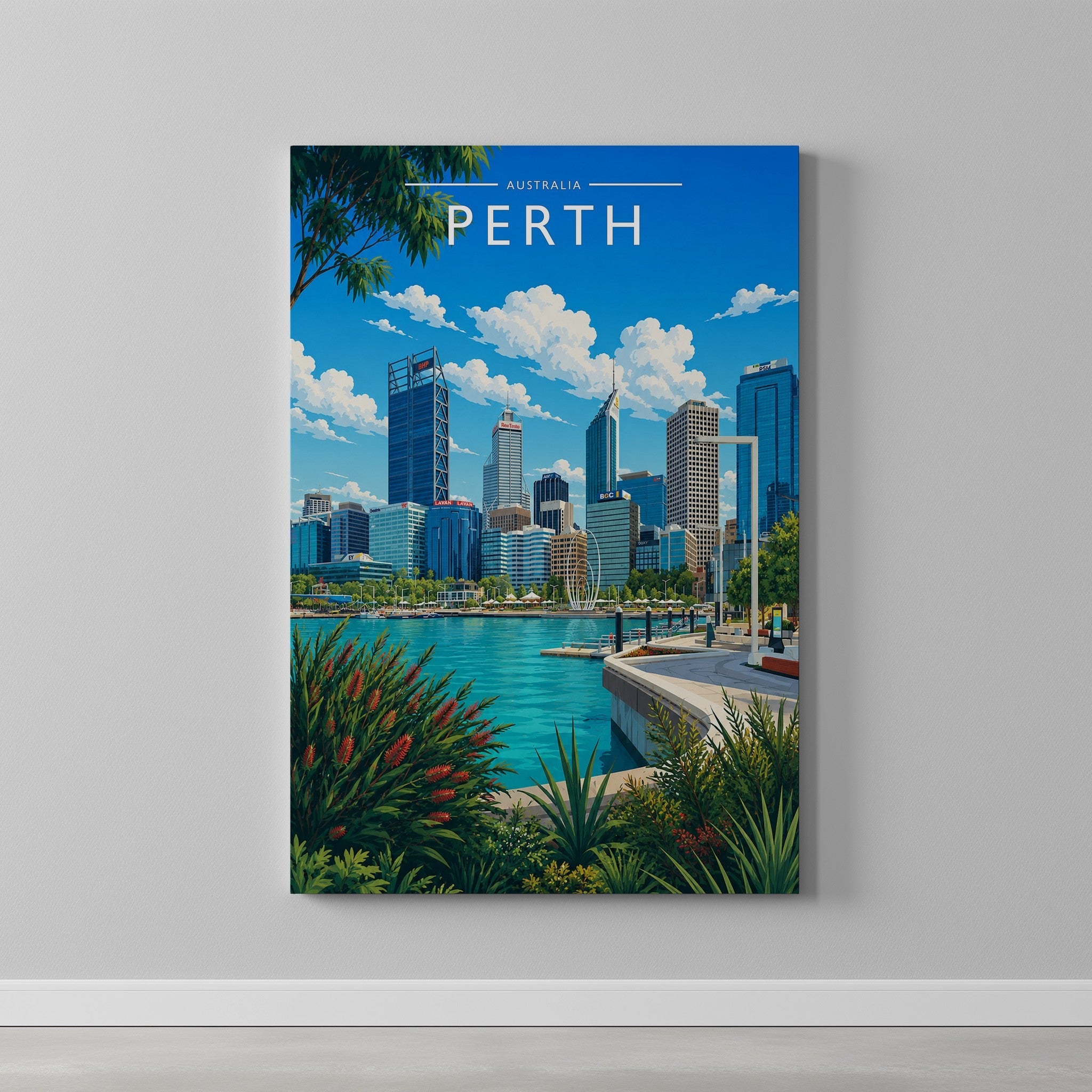 Perth Travel Poster as a gallery-wrapped canvas on a plain wall