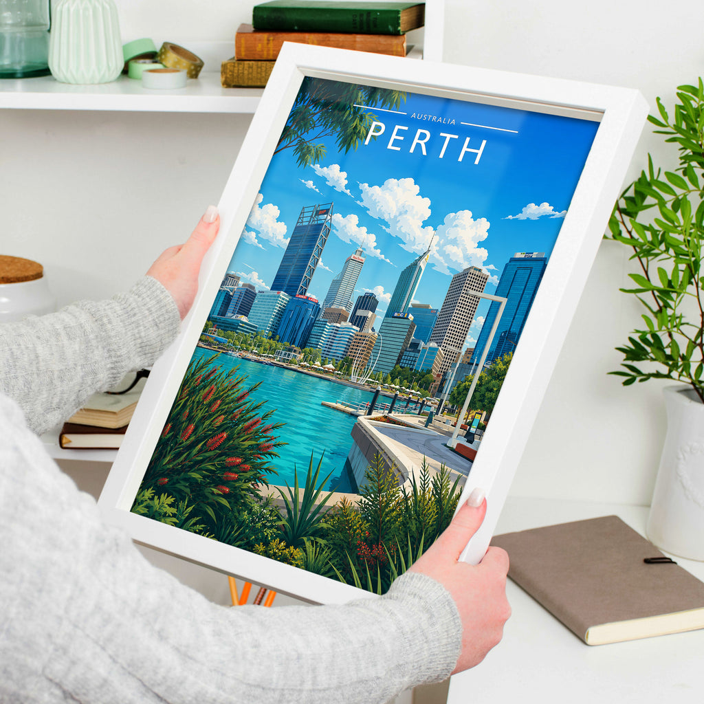Perth Travel Poster in a white frame, held to show scale