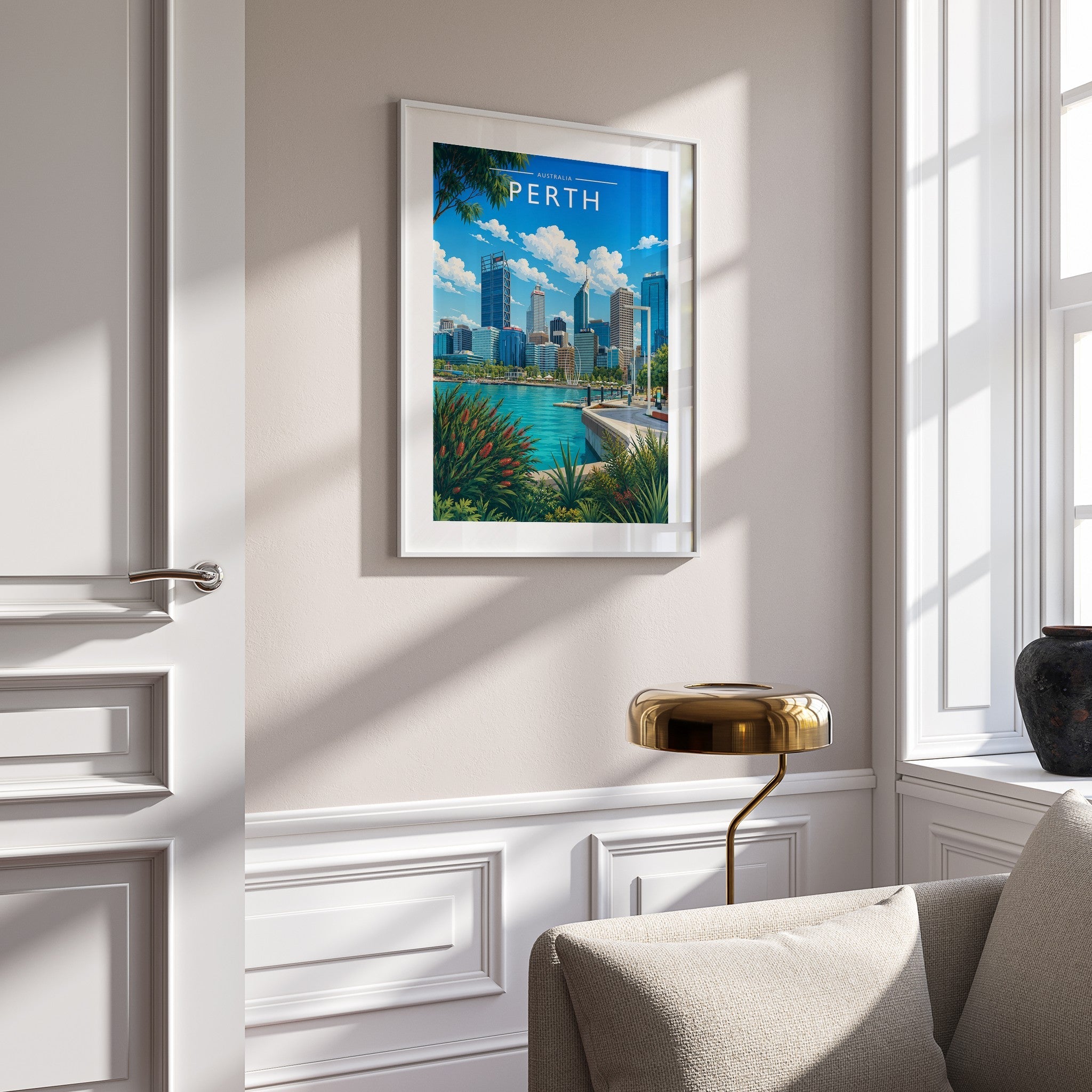Perth Travel Poster mounted in a white frame