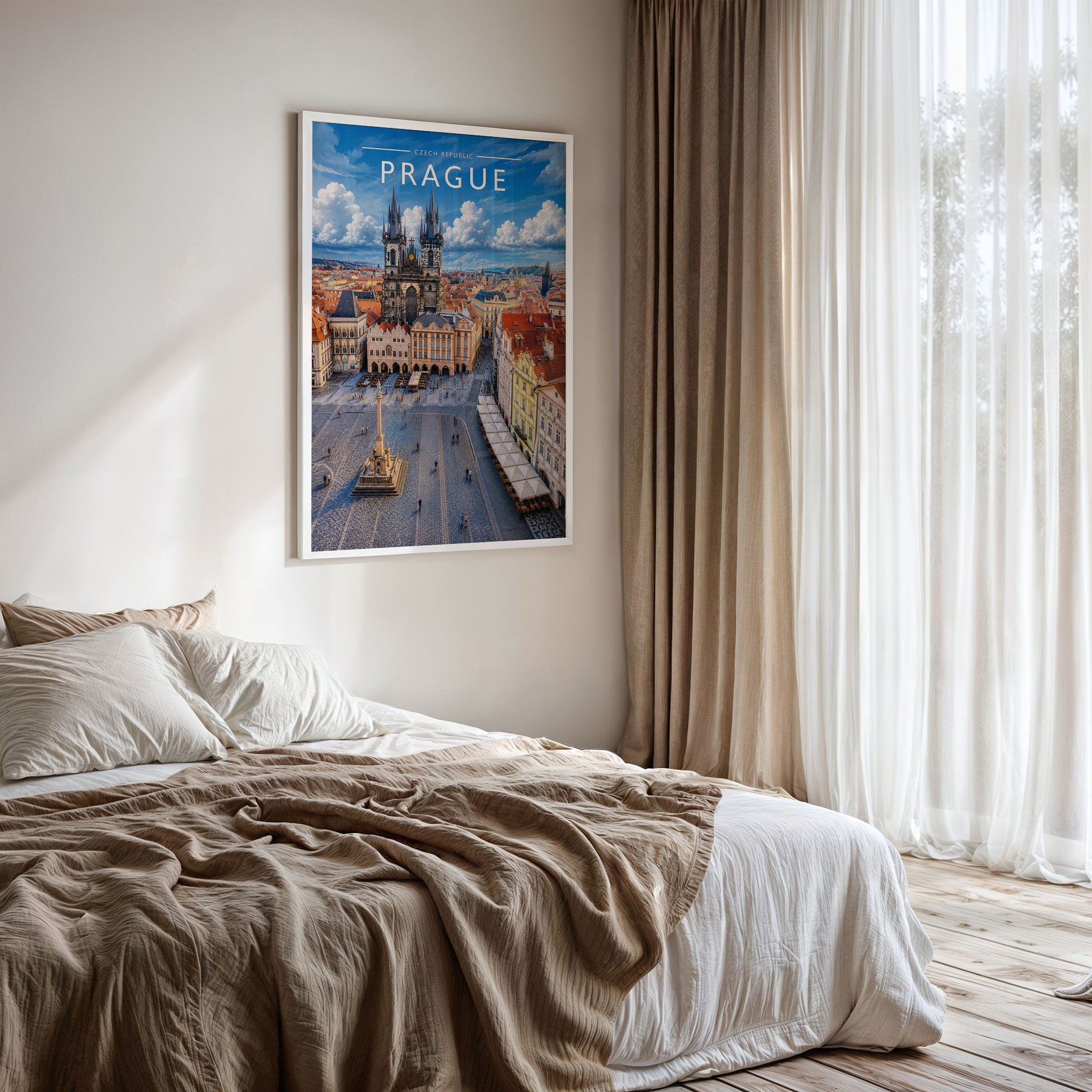 Prague #2 Travel Poster framed on a bedroom wall