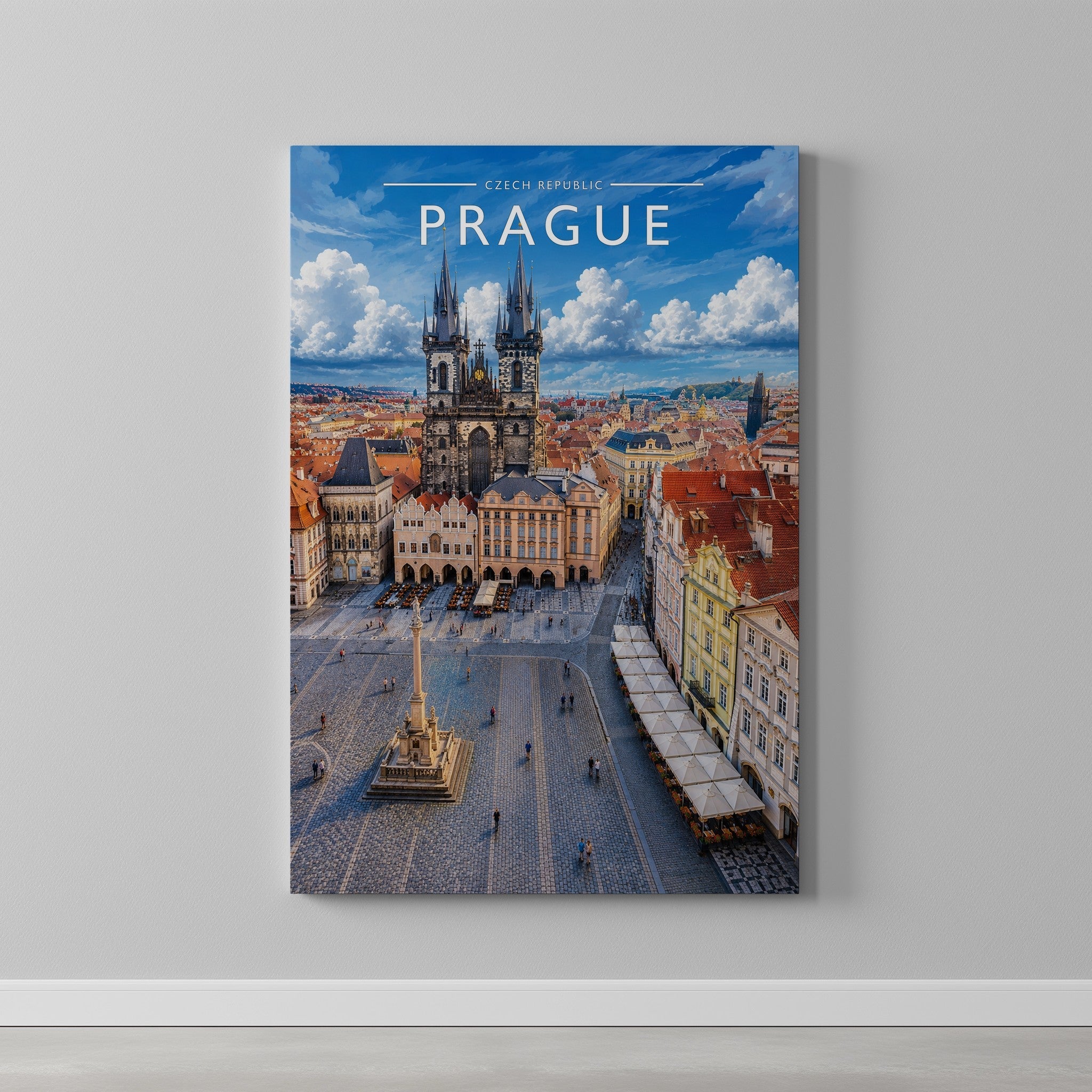 Prague #2 Travel Poster as a gallery-wrapped canvas on a plain wall
