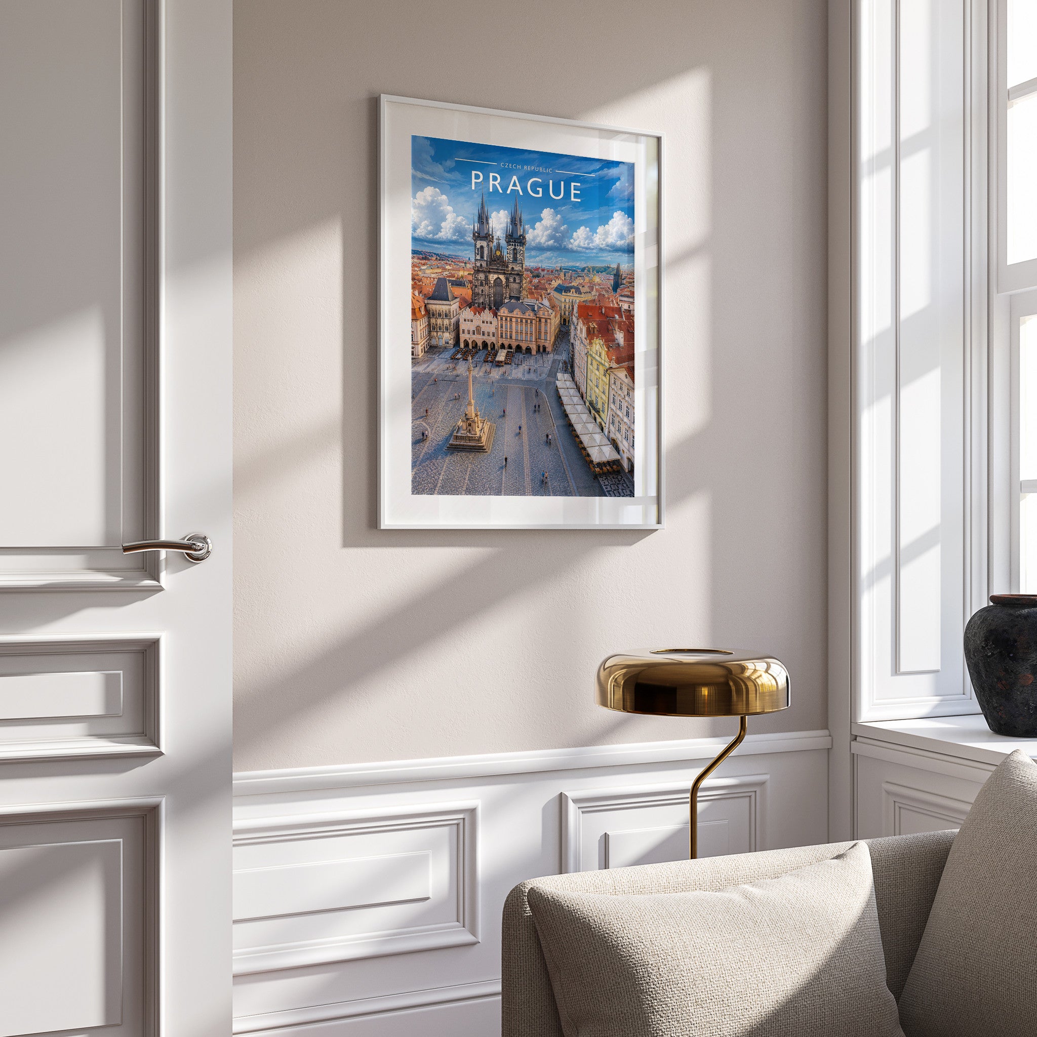 Prague #2 Travel Poster in a white frame on a panelled wall