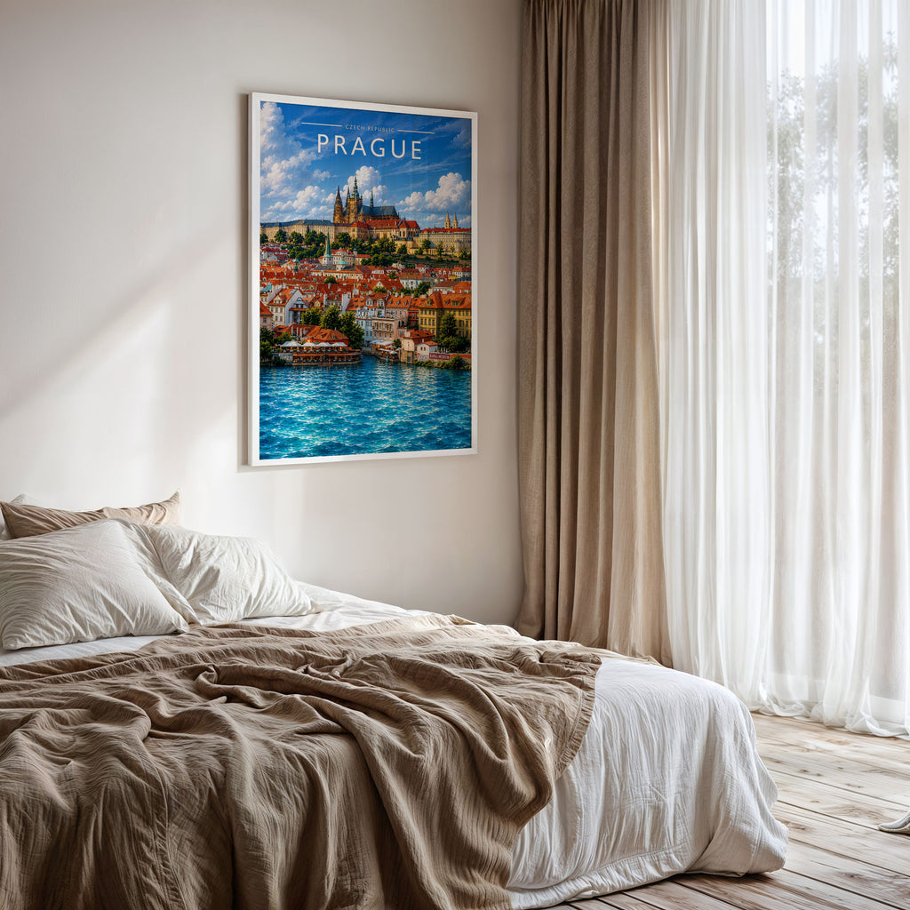 Prague #3 Travel Poster framed on a bedroom wall