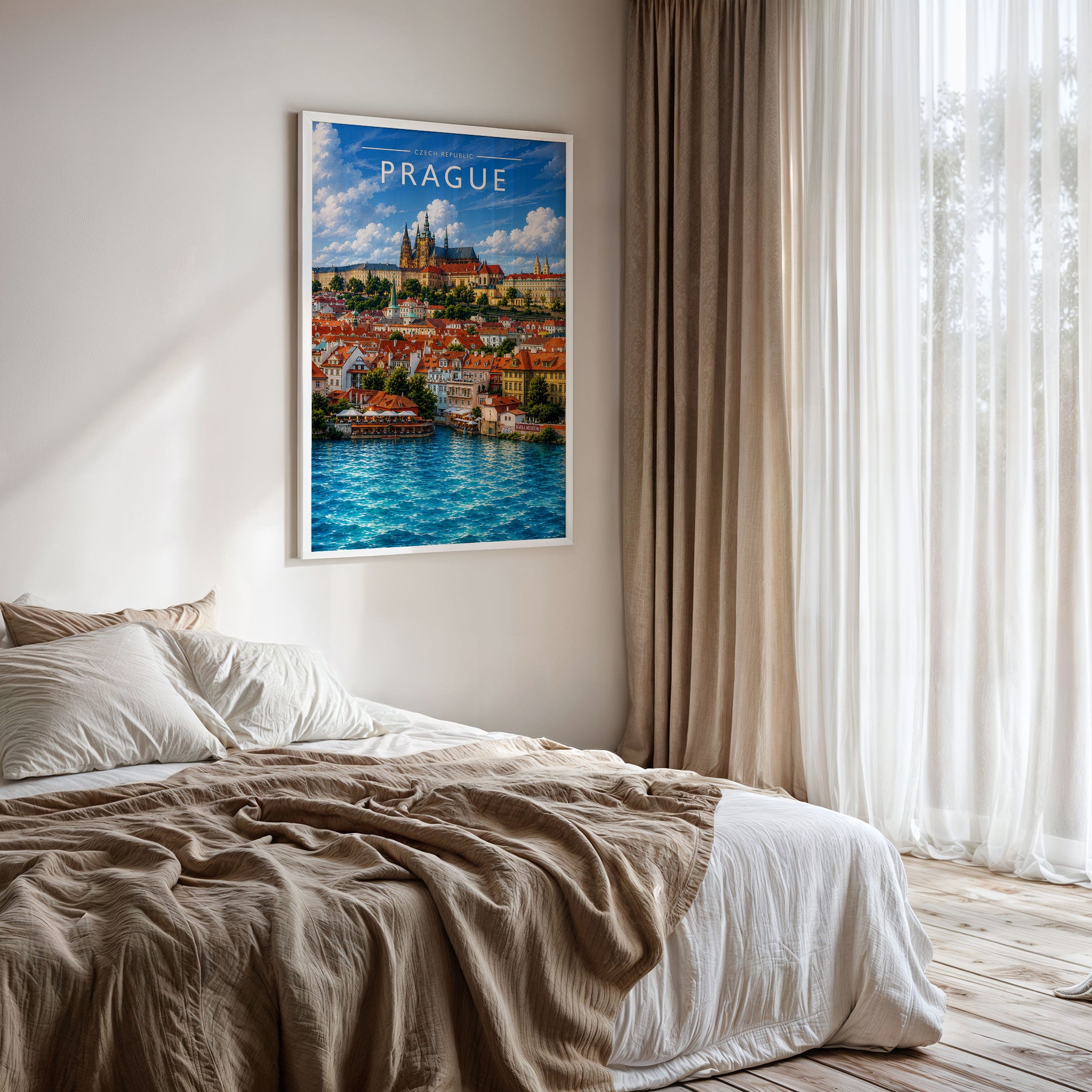 Prague #3 Travel Poster framed on a bedroom wall