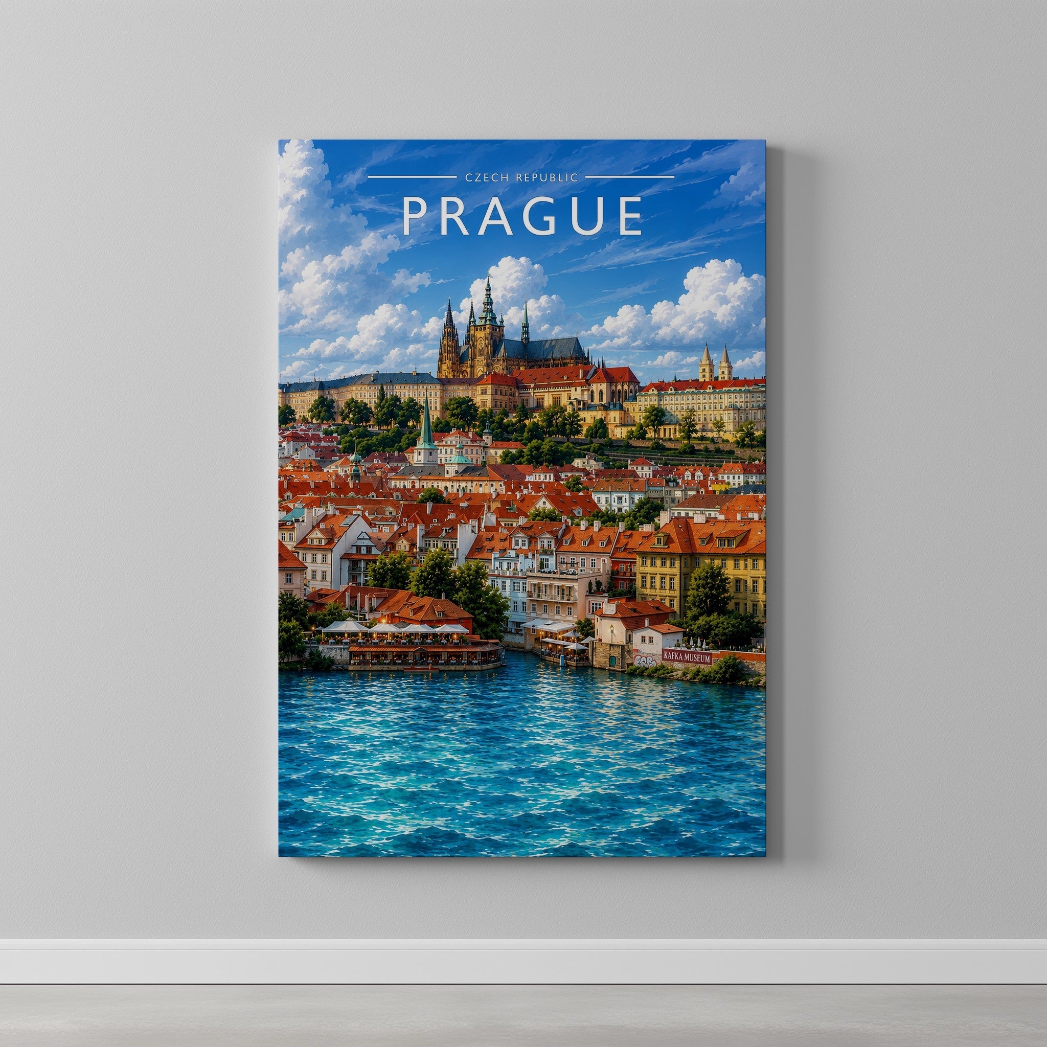 Prague #3 Travel Poster as a gallery-wrapped canvas on a plain wall