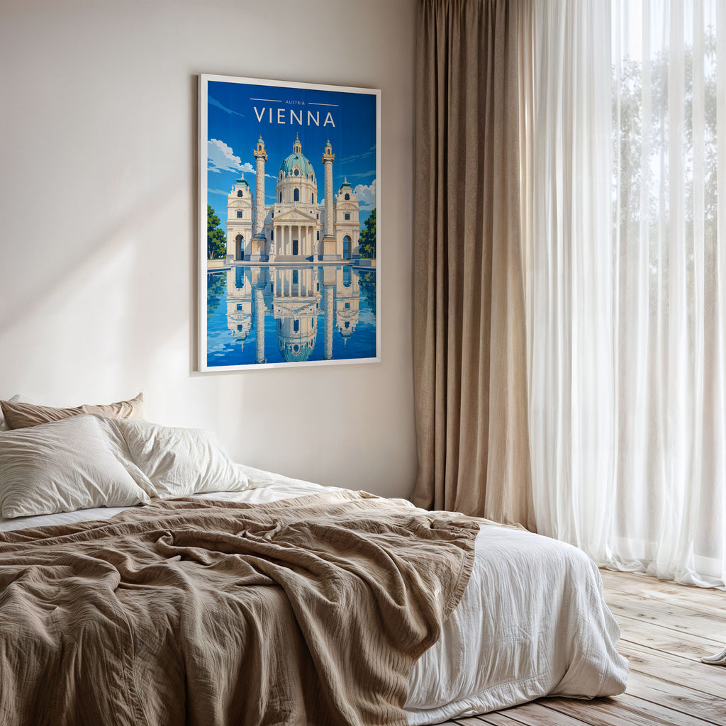 Vienna #2 Travel Poster framed on a bedroom wall