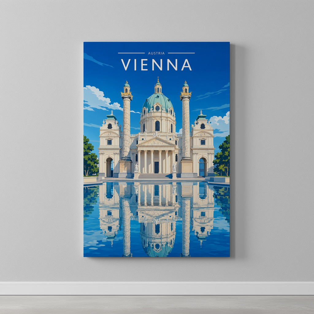 Vienna #2 Travel Poster as a gallery-wrapped canvas on a plain wall