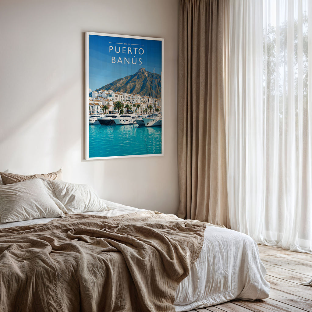 Puerto Banús #2 Travel Poster framed on a bedroom wall