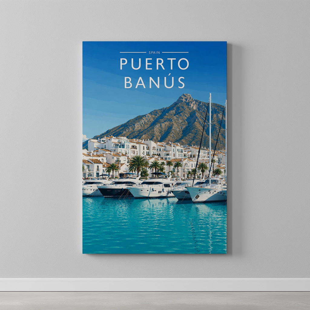 Puerto Banús #2 Travel Poster as a gallery-wrapped canvas on a plain wall