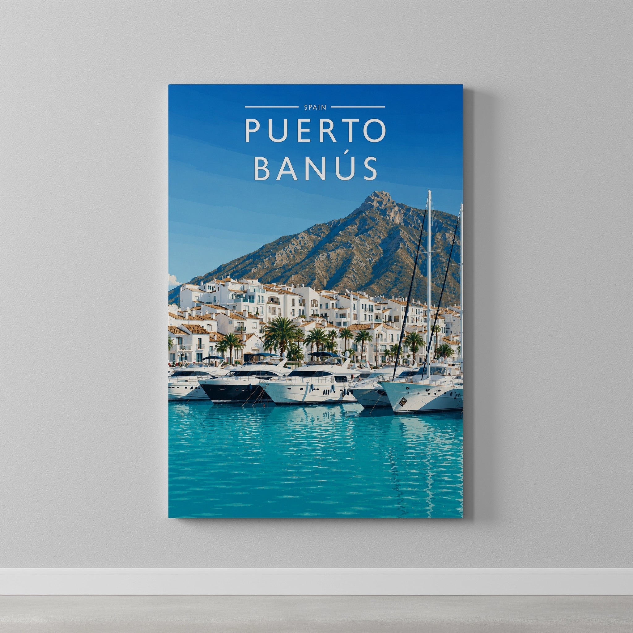 Puerto Banús #2 Travel Poster as a gallery-wrapped canvas on a plain wall