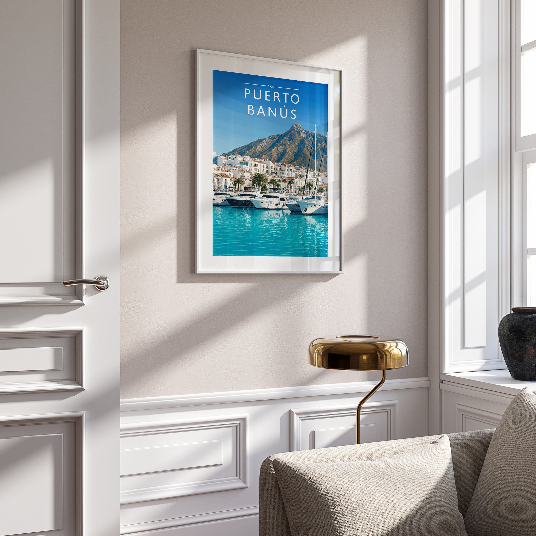 Puerto Banús #2 Travel Poster in a white frame on a panelled wall