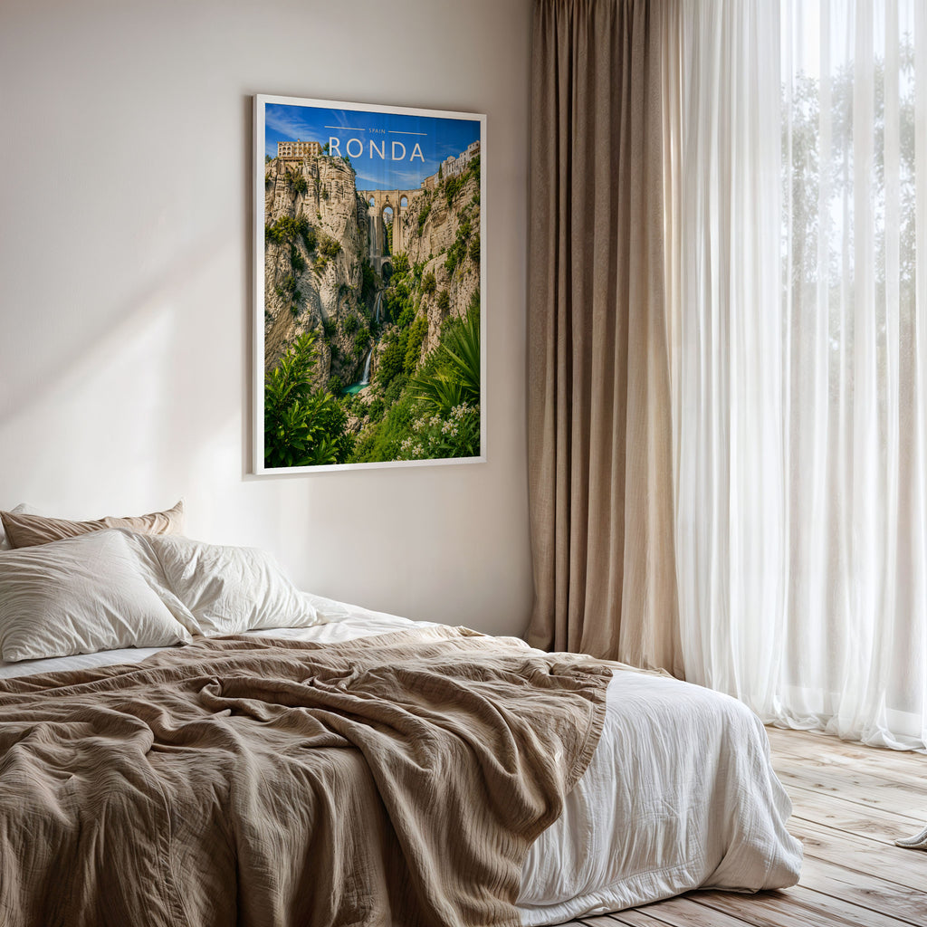 Ronda Travel Poster framed on a bedroom wall