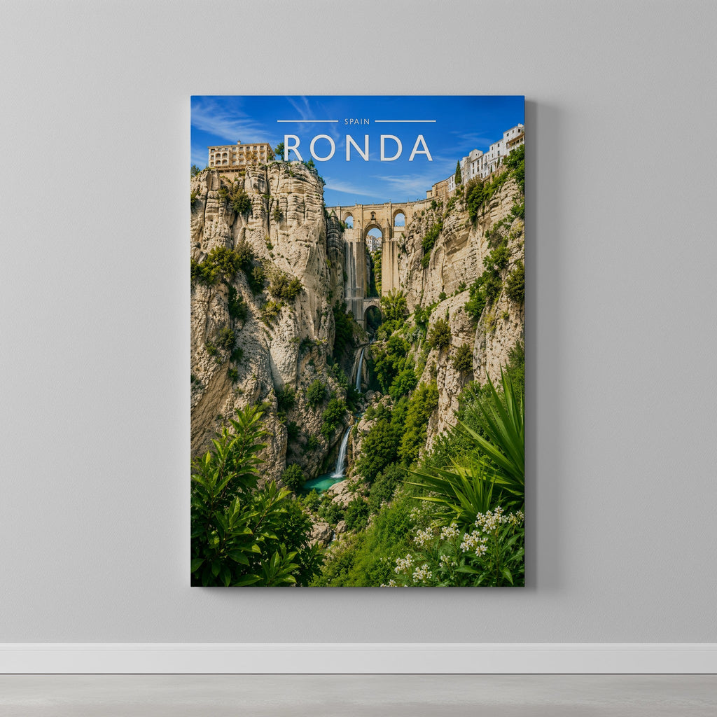 Ronda Travel Poster as a gallery-wrapped canvas on a plain wall