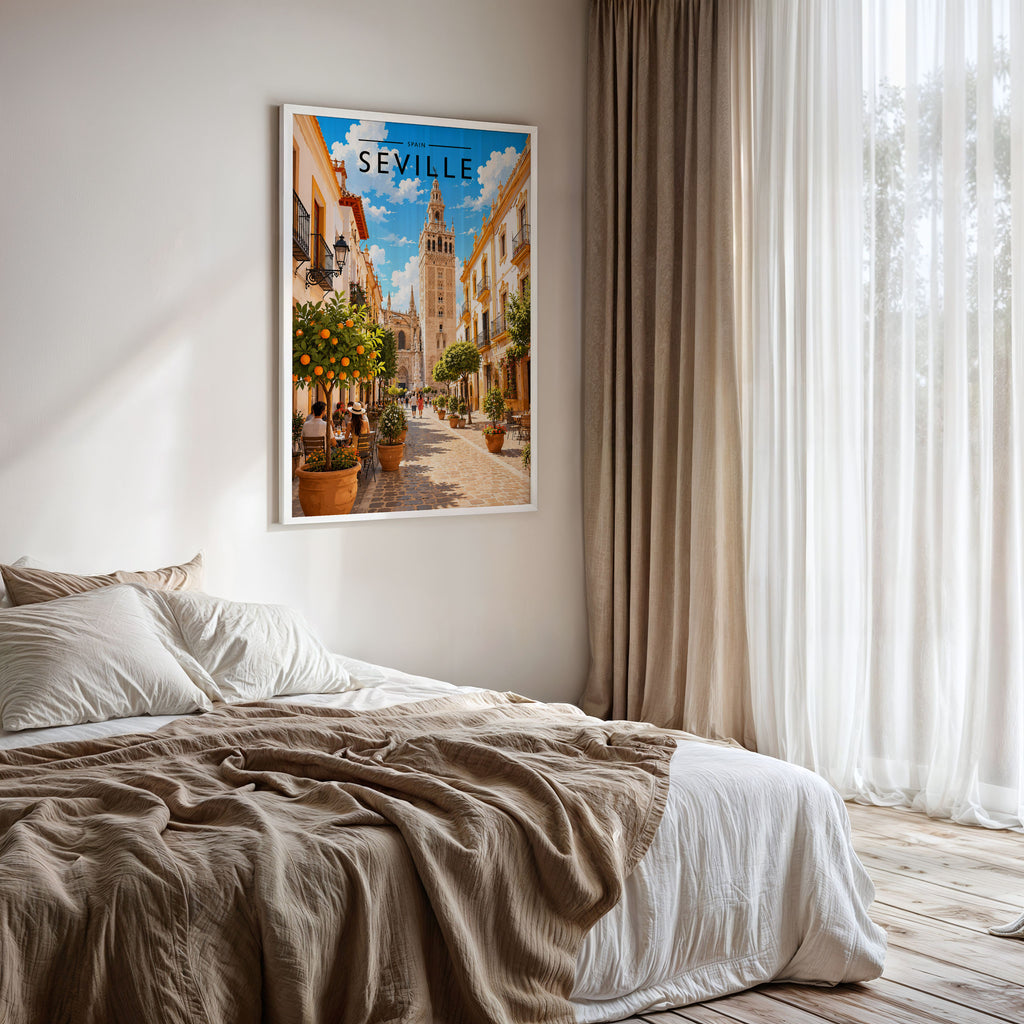 Seville Travel Poster framed on a bedroom wall