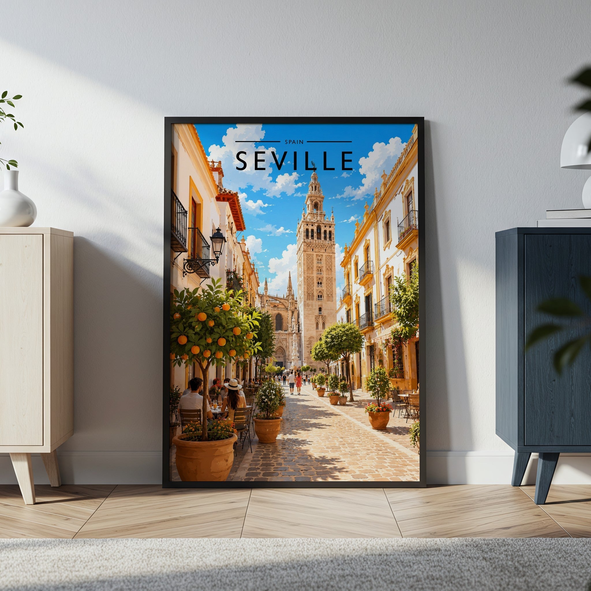 Seville Travel Poster in a black frame