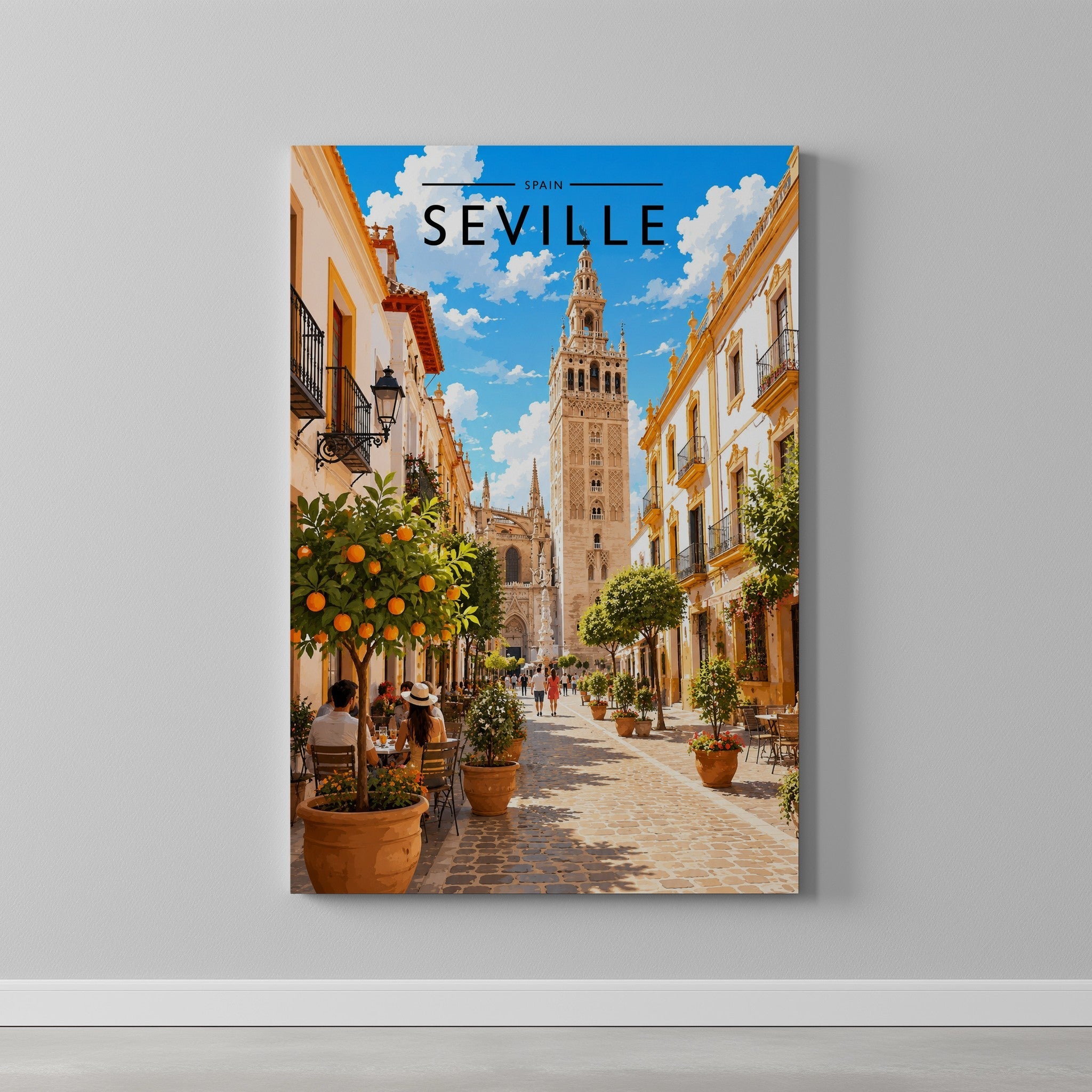 Seville Travel Poster as a gallery-wrapped canvas on a plain wall
